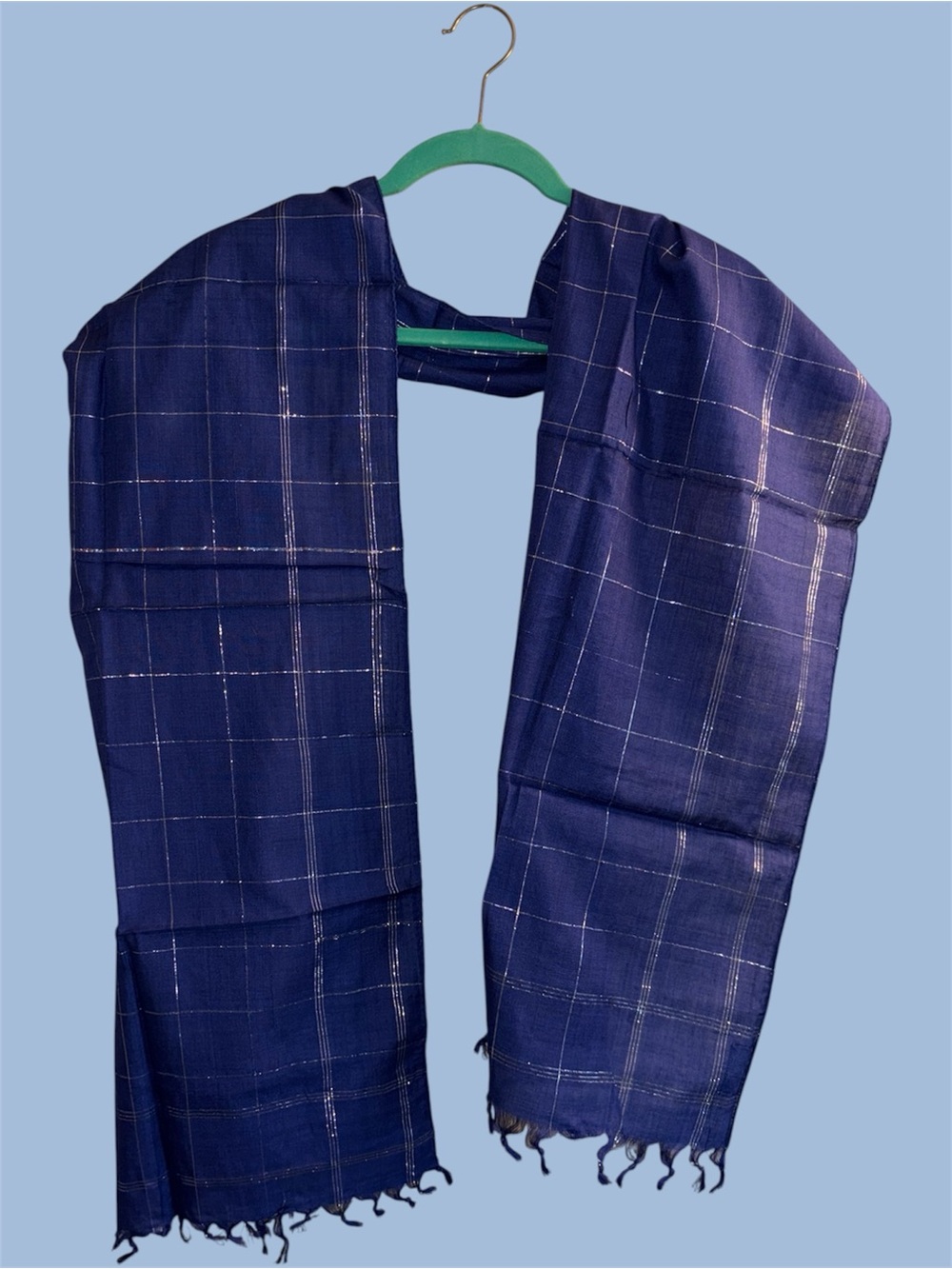 Handmade Royal Blue Striped Plaid Fringed Scarf with Silver Strands